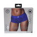 Packaging of Ouch! Vibrating Strap-on Brief in royal blue, showing mid-rise brief on model with product details and branding.