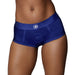 Close-up of a person wearing royal blue mid-rise vibrating strap-on brief with a star logo on the waistband.