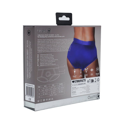 Packaging box of Ouch! Vibrating Strap-on Brief in royal blue, showing product details, size chart, and fabric features on the back.