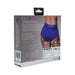 Packaging box of Ouch! Vibrating Strap-on Brief in royal blue, showing product details, size chart, and fabric features on the back.