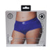 Packaging of Ouch! Vibrating Strap-on Brief in royal blue, size XL/XXL, showing mid-rise fit and patent-pending adjustable O-ring system.