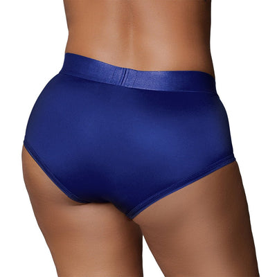 Back view of royal blue mid-rise vibrating strap-on brief on model with smooth, stretchy fabric and comfortable fit.