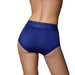 Back view of royal blue mid-rise vibrating strap-on brief on model with smooth, stretchy fabric and wide waistband.