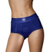 Royal blue mid-rise strap-on brief with a circular O-ring and star logo on waistband, worn on model's hips.