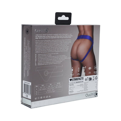 Packaging of Ouch! Vibrating Strap-on Panty Harness in royal blue and black, showing product details and size chart.