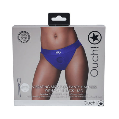 Packaging of Ouch! Vibrating Strap-on Panty Harness in royal blue, showing front view on model with product details and branding.