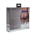 Packaging box of Ouch! Vibrating Strap-on Panty Harness with open back in royal blue shown from the rear with product details and sizing chart.