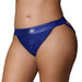 Close-up of royal blue vibrating strap-on panty harness with open back and adjustable side straps on model.