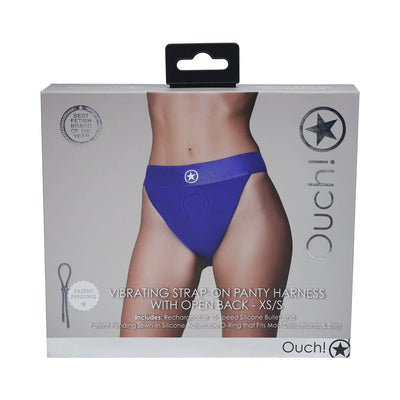 Packaging of Ouch! Vibrating Strap-on Panty Harness in royal blue, featuring open back and adjustable silicone O-ring.