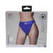Packaging of Ouch! Vibrating Strap-on Panty Harness in royal blue, featuring open back and adjustable silicone O-ring.