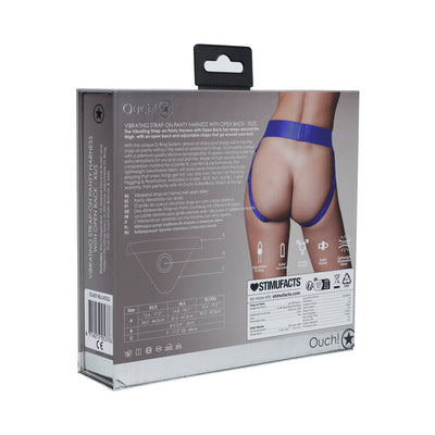 Packaging of Ouch! Vibrating Strap-on Panty Harness in royal blue with product details and size chart on the back.