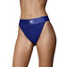 Royal blue vibrating strap-on panty harness with open front and star emblem on waistband.