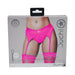 Packaging of Ouch! Vibrating Strap-on Thong in bright pink with adjustable garters shown on a model's lower torso.