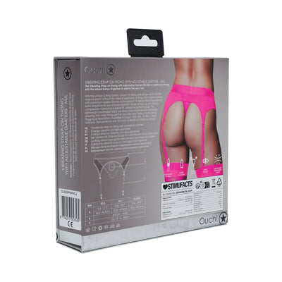 Packaging of Ouch! Vibrating Strap-on Thong in pink with adjustable garters shown on model from the back.