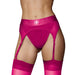 Pink vibrating strap-on thong with adjustable garters and matching thigh-high stockings on model.