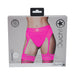 Packaging of Ouch! Vibrating Strap-on Thong in bright pink with adjustable garters shown on a model torso.