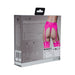 Packaging box of Ouch! Vibrating Strap-on Thong in pink with adjustable garters shown from the back.