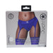 Packaging of Ouch! Vibrating Strap-on Thong in royal blue with adjustable garters shown on model's hips.