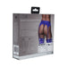 Packaging box of Ouch! Vibrating Strap-on Thong in royal blue showing product details and size chart on the back.