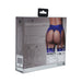 Packaging of Ouch! Vibrating Strap-on Thong in royal blue with adjustable garters shown on model's lower back.