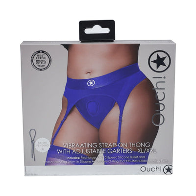 Packaging of Ouch! Vibrating Strap-on Thong in royal blue with adjustable garters shown on model, XL/XXL size.