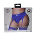 Packaging of Ouch! Vibrating Strap-on Thong in royal blue with adjustable garters shown on model, XL/XXL size.