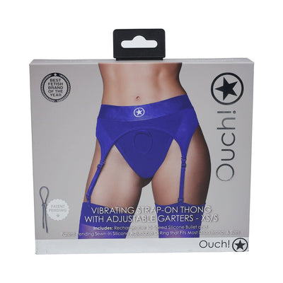 Packaging of Ouch! Vibrating Strap-on Thong in royal blue with adjustable garters shown on a model's waist and thighs.