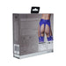 Packaging box of Ouch! Vibrating Strap-on Thong in royal blue with adjustable garters shown from the back with product details and sizing.