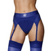 Royal blue vibrating strap-on thong with adjustable garters and matching thigh-high stockings on model.