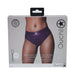 Packaging of Ouch! Vibrating Strap-on Thong in purple with removable rear straps, shown on model's hips, size M/L.