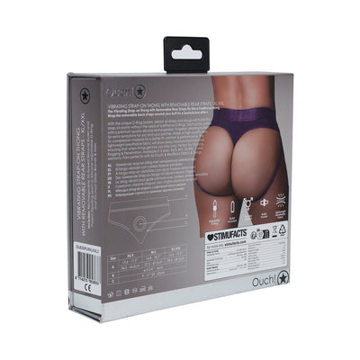Packaging of Ouch! Vibrating Strap-on Thong in purple with removable rear straps shown from the back and product details.