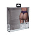 Packaging of Ouch! Vibrating Strap-on Thong in purple with removable rear straps shown from the back and product details.