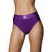 Purple vibrating strap-on thong with a wide waistband and front O-ring for attachments, modeled on a torso.