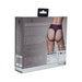 Packaging of Ouch! Vibrating Strap-on Thong in purple showing product details and fit guide on the back.