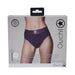 Packaging of Ouch! Vibrating Strap-on Thong in purple, showing front view on model with removable rear straps, size XS/S.