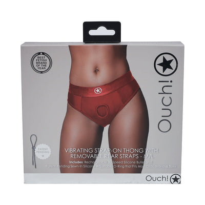 Packaging of Ouch! Vibrating Strap-on Thong in red with removable rear straps shown on a model, size M/L.