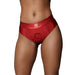 Front view of a model wearing a red vibrating strap-on thong with a circular O-ring opening and a star emblem on the waistband.