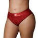 Red vibrating strap-on thong with removable back straps shown on model waist and hips.