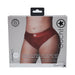 Packaging of Ouch! Vibrating Strap-on Thong in red with removable rear straps, shown on a model's waist and hips.