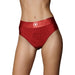 Front view of red vibrating strap-on thong with wide waistband and circular opening detail.