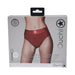 Packaging of Ouch! Vibrating Strap-on Thong in red with removable rear straps, size XS/S, featuring a model wearing the thong.