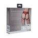 Packaging box of Ouch! Vibrating Strap-on Thong in red, showing product details and size chart on the back.