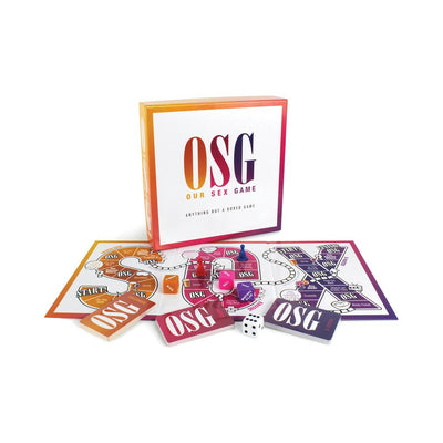 OSG Our Sex Game for couples with colorful game board, cards, dice, and play pieces for intimate fun and exploration.