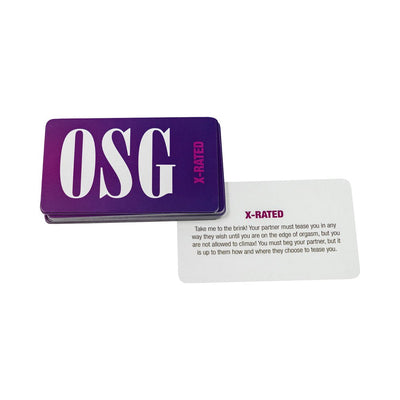 OSG X-Rated game cards with one card partially revealed showing a teasing challenge for couples.