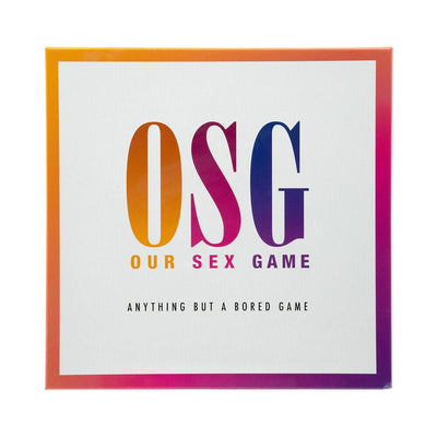 OSG Our Sex Game box with colorful gradient letters and tagline anything but a bored game on white background