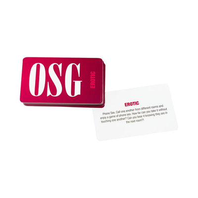 Stack of OSG Erotic cards with one card displayed describing a phone sex game challenge for couples.