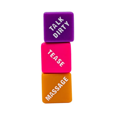 Stacked colorful dice from Our Sex Game OSG with words talk dirty, tease, and massage on each side.