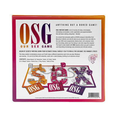Back of OSG Our Sex Game box showing game board, cards, dice, and play pieces with description and contents list.