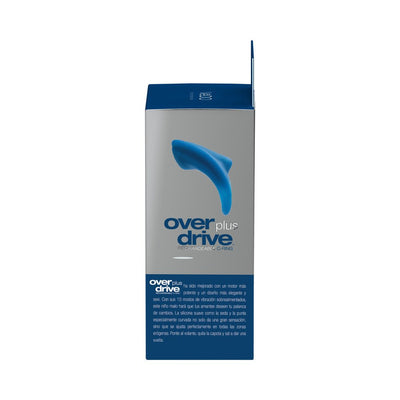 Packaging box of Overdrive+ Vibrating Ring in blue and gray with product image and description in Spanish.