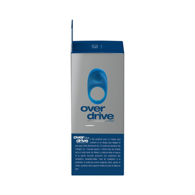 Packaging box of Overdrive+ rechargeable vibrating ring in blue and gray with product details in French.